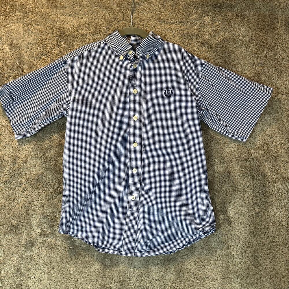 Chaps Short Sleeve Blue White Gingham Check Button Down Shirt S Small 8 Boys
